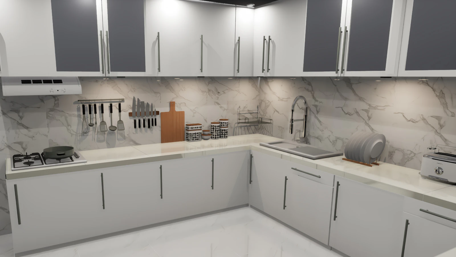Kitchen with pale cabinetry and a tiled splashback