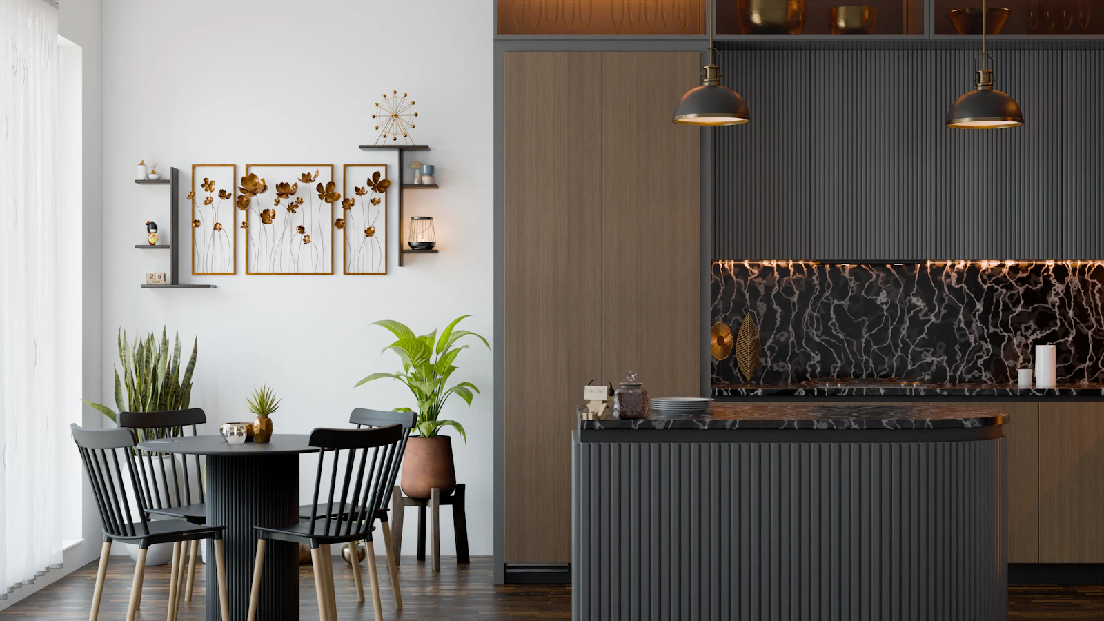 Dining area beside a kitchen with dark cabinetry