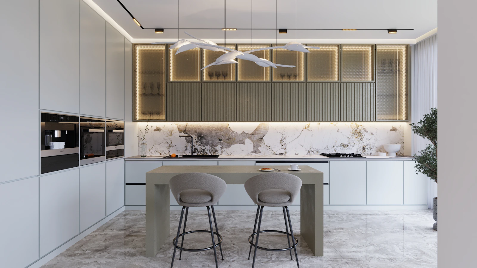 Kitchen with a stone splashback and island seating